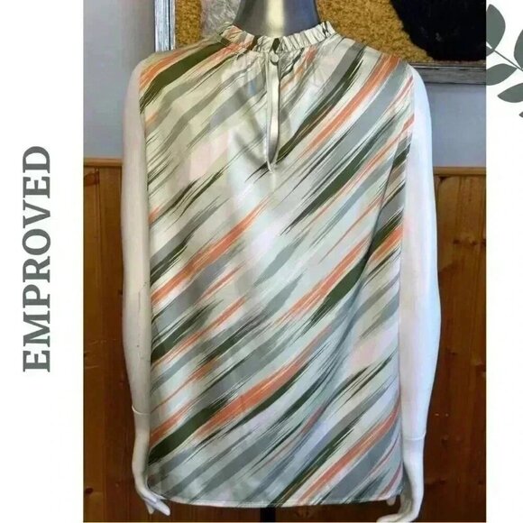 Empowered Sage Green Ikat Top Sleeveless Ruffle Collar Sustainable Fabric - Picture 3 of 5